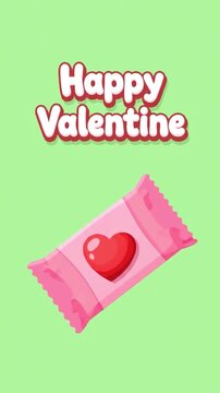 Cheerful vertical cartoon of a pink valentine candy bar and motion text greeting on a bright green background.