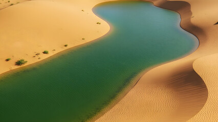 Aerial view of a serene oasis in the desert landscape
