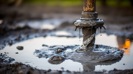 Spiral Metal Drill Bit Rotating into Thick Brown Muddy Liquid Surface Pool 