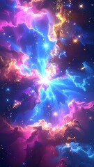 Luminous explosion of cosmic clouds with vibrant pink, blue, and gold celestial dust