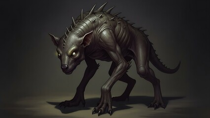 Dark Fantasy Creature Creature with Spiked Back and Glowing Eyes in Shadowy Environment