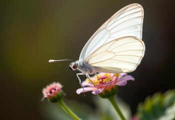 Delicate white butterfly with translucent wings, perched on a flower,  elegant,  fauna