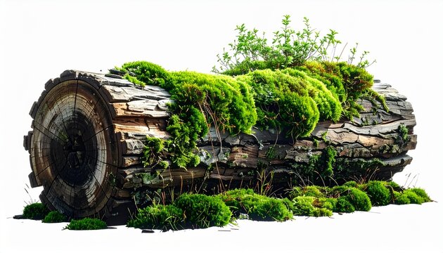 Old weathered log covered in vibrant green moss and small plants, natures beauty.