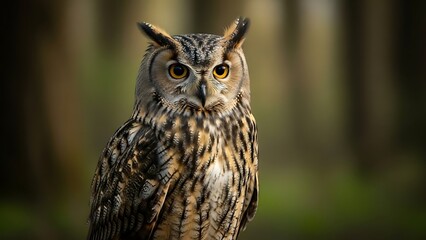 Obraz premium Sharp-eyed Ornate Owl with Bright Eyes in Forest Setting
