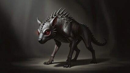 Dark Fantasy Creature Illustration of Spiked Black Werewolf with Red Eyes in Shadowy Environment