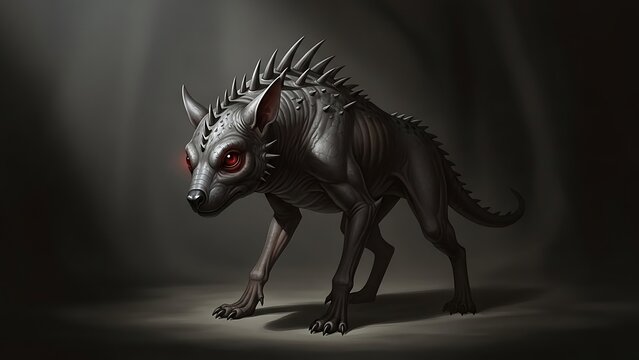 Dark Fantasy Creature Illustration of Spiked Black Werewolf with Red Eyes in Shadowy Environment - Powered by Adobe