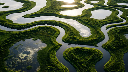 Aerial view of winding river through lush green wetlands