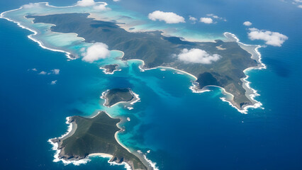 Aerial view of tropical islands with clear waters and white sandy beaches
