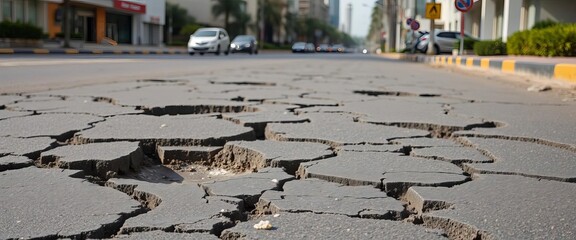 Severely cracked urban road, crumbling asphalt and widespread potholes marring the street leading into a city Extensive surface damage,  warning,  infrastructure
