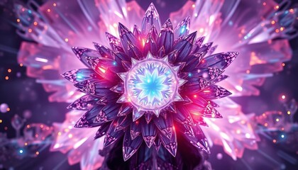 Radiant crystal cluster gleams with internal light, fractal patterns of geometric beauty ,  rock,  iridescent