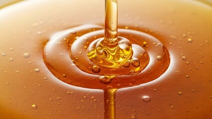 Golden honey close-up with flowing texture and natural sweet syrup background