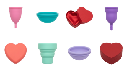 Menstrual Hygiene Set featuring Cups, Discs, Sterilizer and Heart Boxes in Colorful Realistic Style