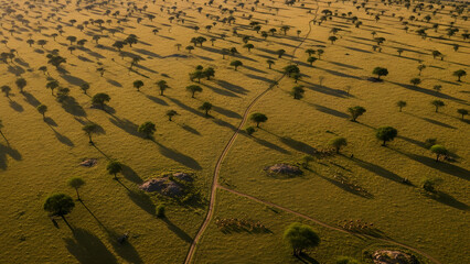 Aerial View of Savannah Landscape with Trees and Shadows at Sunset