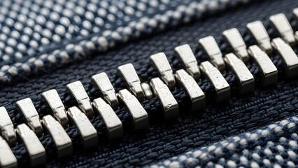 Close-up of metallic zipper on blue denim fabric for fashion and textile design