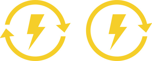Yellow lightning bolt icons inside circular arrows representing renewable energy recycling and sustainable power for eco friendly designs.