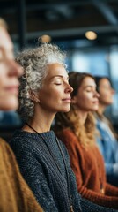 Group of women meditating with eyes closed in a modern workspace, vertical photo