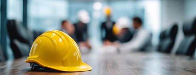 Yellow hard hat on table with construction workers in meeting background  