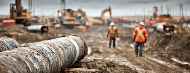 Workers laying industrial pipes at construction site in muddy terrain  