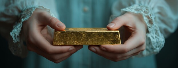 Woman holding a gold bar with lace cuffs in soft lighting  