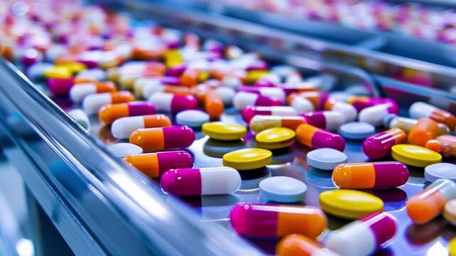 Colorful Pills Moving on Pharmaceutical Production Conveyor Belt &ndash; Drug Manufacturing, Medicine Industry & Quality Control Concept

