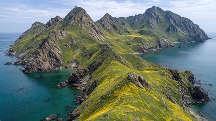 Rugged Rocky Island Topography with Lush Green Vegetation and Bright Yellow Flowers Meeting Clear Blue Ocean Waters Under Bright Sunlight