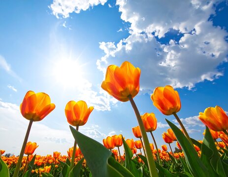 Low angle view of orange tulips against a bright blue sky with fluffy white clouds