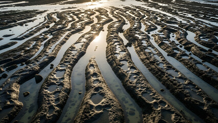 Tidal mudflats with serene water channels and rugged texture at sunrise