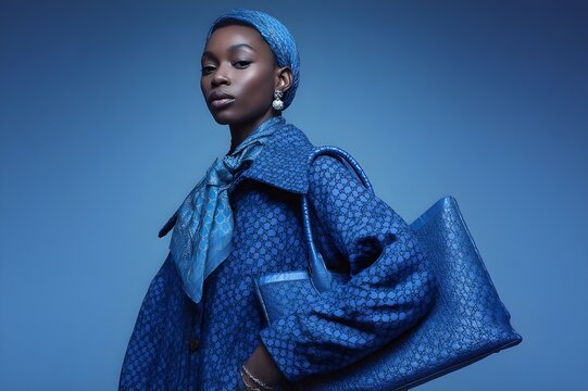 Black women's fashion in a monochromatic style with an oversized Gucci coat, a large royal blue patterned handbag and a soft blue scarf tied around their head featuring the iconic Gucci pattern