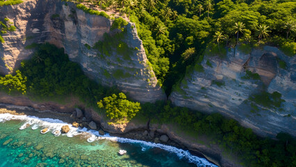 Cliffs and lush greenery overlooking a serene ocean bay from a high vantage point
