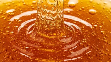 Golden honey close-up with bubbles, sweet syrup texture for food and beverage design