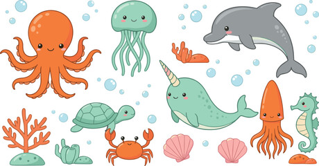 Cute collection of ocean animals including octopus, jellyfish, dolphin, narwhal, turtle, crab, seahorse, coral, and seashells © Rumi