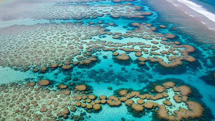 Aerial view of coral reef system in tropical ocean waters near land