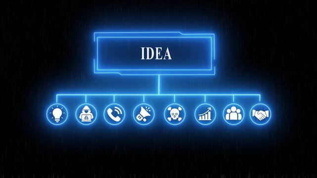 Glowing Blue Neon Sign with I D E A Text on Dark Background for Creative Concept idea
