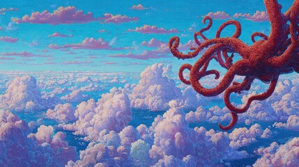 Voxel Art Landscape with Twisted Red Rooted Branch Overlooking Pink and Purple Trees Underneath Cloudy Blue Sky Digital Artwork