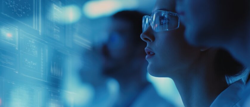 Scientists Analyzing Data on Transparent Digital Screen in Modern Laboratory