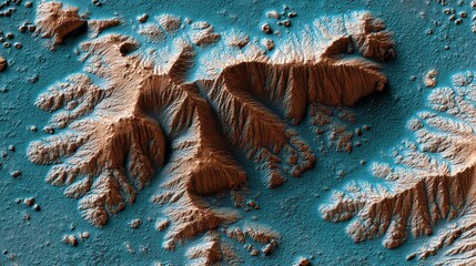 Topographical Terrain Map in Earth Tones with Mountain Ridges and Contrasting Shadows on Blue Background