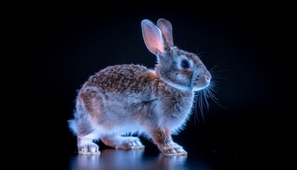 Obraz premium Portrait of Wild Rabbit with Blue Rim Light on Dark Background