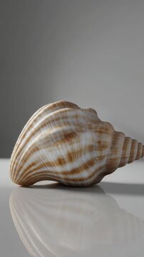 animation of a detailed conch shell rotating slowly on a clean reflective