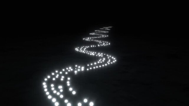 Glowing Ember Trail. Monochromatic Abstract Flame Loop. White ember-like dots float and follow a predetermined, complex trajectory through the dark, fading upon reaching the end of the path.
