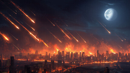 Apocalyptic city under meteor shower with fiery explosions and missile strikes, capturing chaos, destruction, and a dramatic end-of-world atmosphere.