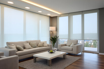 Light beige living room with motorized blinds and large windows overlooking a city view beige sofa armchair