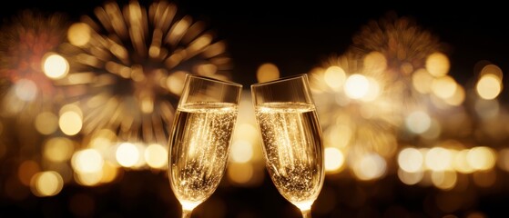 Celebratory Champagne Toast with Fireworks in Festive New Year Night