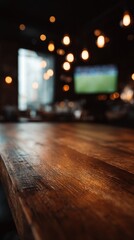 Empty Wooden Table in Cozy Pub Interior with Warm Ambient Lighting