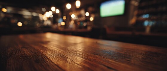 Empty Wooden Table in Cozy Pub Interior with Warm Ambient Lighting