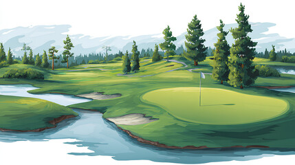 Obraz premium Golf course illustration flat style vector of golf course with bunkers putting green and flag stock vector on white background