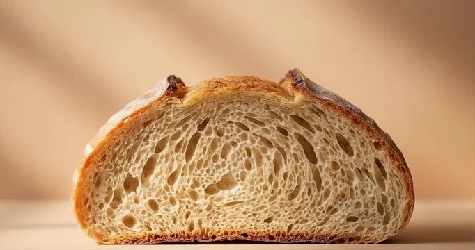 Freshly baked bread loaf slice with detailed texture and warm lighting