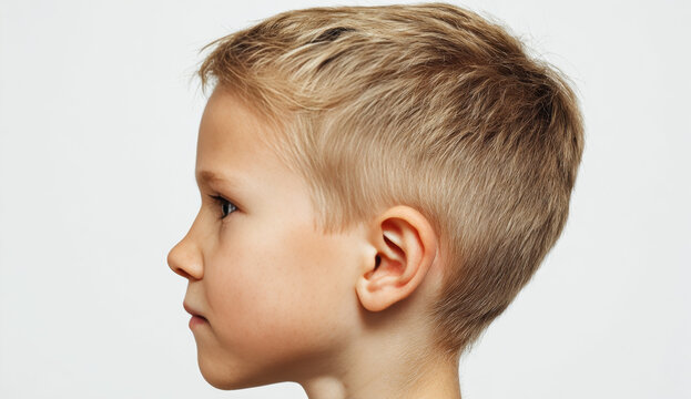 Profile view of a young blond boy with short, textured hair and smooth skin against a plain background