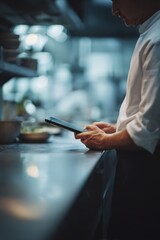 Restaurant Chef Using Tablet to Order Groceries in Modern Professional Kitchen