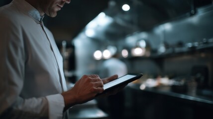 Restaurant Chef Using Tablet to Order Groceries in Modern Professional Kitchen