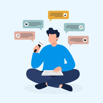 Illustration of a man recording podcast or streaming with microphone and speech bubbles